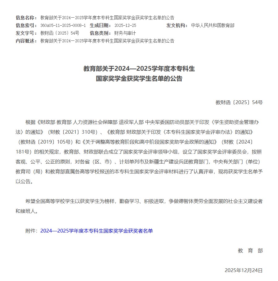 【榜樣引領(lǐng)】優(yōu)秀！教育部公布2024—2025學(xué)年度本?？粕鷩要?jiǎng)學(xué)金獲獎(jiǎng)學(xué)生名單，77名保理學(xué)子榮獲國家獎(jiǎng)學(xué)金！